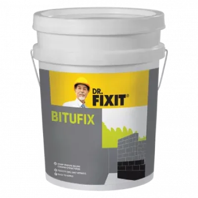 The 5-gallon bucket of Dr. Fixit Bitfix showcases its durable design and branding for construction and repair use.