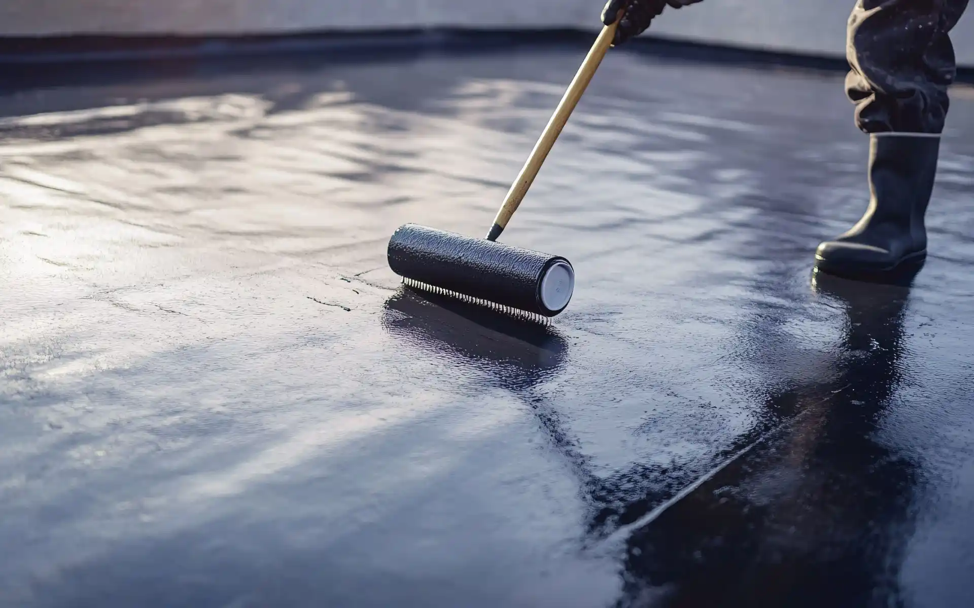 A skilled painter applies a concentrated coat of paint to a black surface using a roller.